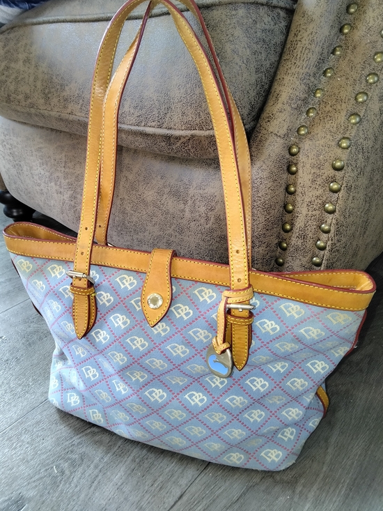 Dooney & Bourke Handbags - Dooney & Bourke Light Blue Logo Tote with Tan Leather Trim